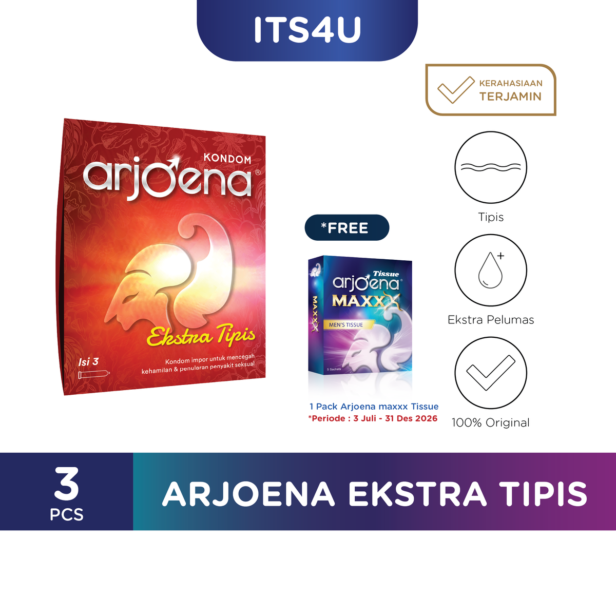 Arjoena Kondom Ekstra Tipis isi 3 Pcs / Ekstra Pelumas dan Aman