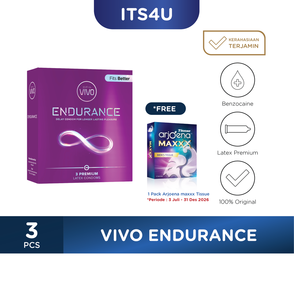 VIVO Kondom Endurance isi 3 Pcs / Durasi Panjang Tahan Lebih Lama